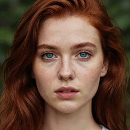 close up portrait photograph of a anesthetic beautiful!!! thin young redhead woman with russian descent, sunbathed skin, with deep blue round!! Symmetrical!! eyes. Wavy long maroon colored hair. she looks directly at the camera. Slightly open mouth, face takes up half of the photo. a park visible in the background. 55mm nikon. Intricate. Very detailed 8k texture. Sharp. Cinematic post-processing. Award winning portrait photography. Sharp eyes.