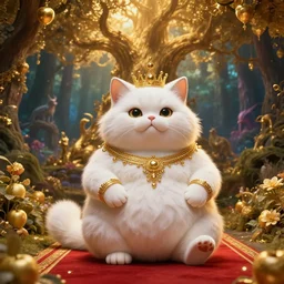 Cat deity, fat figure,Cute, elegant, furry, white, gold, warm, wearing a crown, bracelets and necklaces, red carpet, figure, realistic, hair detailing, background is heavenly,wonderland at night, The light in the deep forest full of mythical creatures of the picture, according to European art, Golden Sacred Tree, Golden Apple, Flower Garden,Hyper realistic render. Den noise. Volumetric Lighting. Dynamitc Lighting. Unreal Engine. octane. Hyper Cinematic lighting