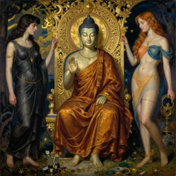 dynamic composition, a painting of a monk discovering Buddhahood, a surrealist painting by Tom Bagshaw and Jacek Yerga and Tamara de Lempicka, featured on cgsociety, pop surrealism, surrealist, wiccan, pre-raphaelite, ornate gilded detail