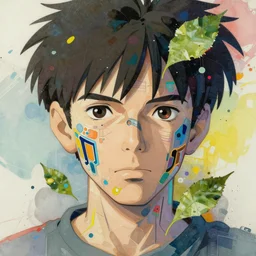 abstract portrait, cyberpunk hero, floating detailes, very detailed face, leaves by miyazaki, colorful palette illustration, kenneth blom, mental alchemy, james jean, pablo amaringo, naudline pierre, contemporary art, hyper detailed