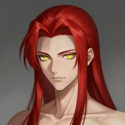 portrait of hisoka morow hunter hunter, 2 0 years old, male, very very sharp jaw yellow eyes very very narrow yellow iris red hair soft hair slicked back crimson medium length hair, madonna inspired, anime highly detailed, digital painting, artstation, concept art, matte, sharp focus, illustration, art by artgerm and greg rutkowski and alphonse mucha