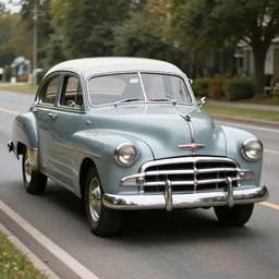 a 1950's styled car in the road, realistic, photography.