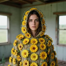 a woman wearing a hooded cloak made of zinnias and barbed wire, in a derelict house, by Petra Collins, natural light, detailed face, CANON Eos C300, ƒ1.8, 35mm, 8K, medium-format print