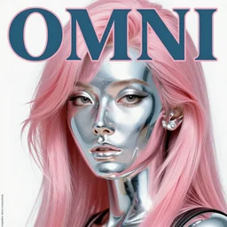 1979 OMNI Magazine Cover of woman with shiny Chrome face with Pink hair. neo-Tokyo streets behind her. in cyberpunk style by Vincent Di Fate
