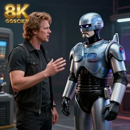 a photograph of max headroom talking to robocop, octane render, unreal engine, 8 k 3 0, trending on cgsociety, volumetric lighting, dramatic lighting - n 9