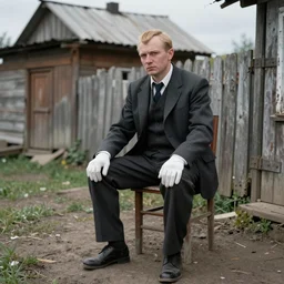 a gloved blond man in a suit, with a comb - over, sits on a small chair, in a poor rural house, by nikolay makovsky.