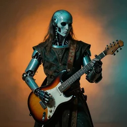 portrait of a medieval ( ( cyborg ) ) dj with a guitar at a rave, by pascal blance, by caravaggio, teal orange, studio light, cinematic light
