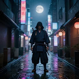 a cyberpunk samurai in a raining cobblestone alleyway in tokyo, neon lights, full moon, fog cinematic greg rutkowski