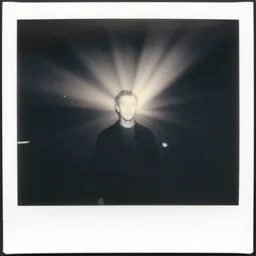 wide angle, old polaroid of a man being illuminated by few sun rays, black and white