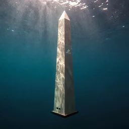 a large obelisk floating underwater. grainy.