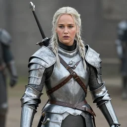 jennifer lawrence cast as ciri in the witcher netflix series, battle scene, wearing light armour