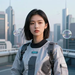 photographic portrait of a techwear woman with floating bubbles behind her, closeup, on the rooftop of a futuristic city, sigma 85mm f/1.4, 4k, depth of field, high resolution, 4k, 8k, hd, full color