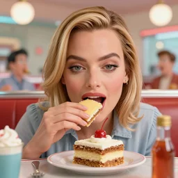 closeup face portrait of a tin toy margot robbie eating cakes in a 1 9 5 0 s diner, by nicoletta ceccoli, mark ryden, lostfish, max fleischer, depth of field, detailed and intricate environment, 8 k resolution, hyperrealistic, octane render