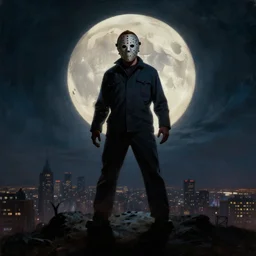 portrait, jason voorhees standing on a giant hill, new york panorama in far background, powerful pose, scary, horror, deep night, giant oversized monster moon, dramatic sky, shadows on side, cinematic, side light, backlighting, oil painting by frazetta