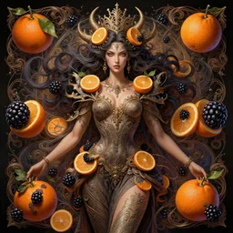 blackberry goddess with oranges, symmetrical, fantasy, highly detailed, realistic, complex, fantastic, over - detailed, elegant, complex, dynamic lighting, hyperrealism, digital art, digital painting, artstation, wlop, clear focus, illustrations by filipe pagliuso and justin gerard