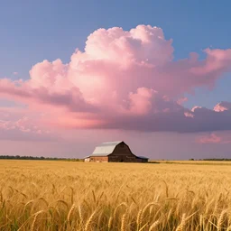 a beautiful wheat field with a barn, with beautiful large fluffy pink clouds illuminated by the sun, in the style of craig mullins