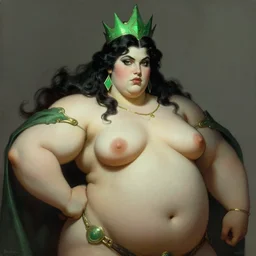 mighty plump female sorceress, green tiara, strong line, muted color, beautiful! coherent! by frank frazetta, by brom