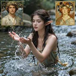 hyper-realistic portrait of beautiful high-fantasy elf girl splashing in the water at a river, intricate details, rule of thirds, by Stanley Artgerm Lau, by greg rutkowski, by thomas kindkade, by alphonse mucha, loish, by norman rockwell J.