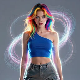 a award winning portrait of a beautiful woman with stunning eyes in a one off shoulder croptop and cargo pants with rainbow colored hair, outlined by whirling illuminated neon lines and fine lines swirling in circles by rhads, digital art, trending on artstation