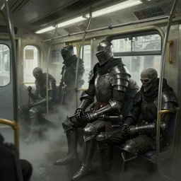 dark souls various knights and ghouls sitting in the bus concept art artwork by masanori warugai, intricate detailed 4 k, soft light, volumetric fog, soft glow, eerie, dark, metro, inside of a metro train, urban fantasy