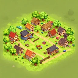 medieval village in rural countryside. bidimensional style. vivacious colors. matte background. inspired by cuphead style.