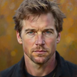 stunning serene portrait of Harrison Ford by Mark Arian, oil on canvas, masterpiece, realism, piercing gaze, autumn bokeh