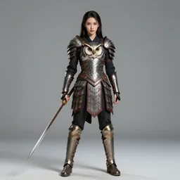 full body photo of a female warrior wearing owl armour