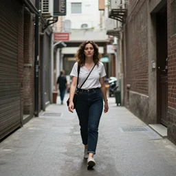 photo of a woman walking through an alley in the middle of the city