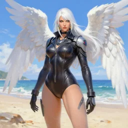 greg manchess painting of a 2 yorha type a no. 2 as mercy from overwatch wearing skintight leather jacket in a beach, white long hair, large white wings, painting, trending on artstation, by huang guangjian and gil elvgren and sachin teng