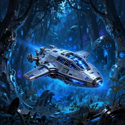 matte painting glowing spaceship in clearing in mechanical metal Forest at night. Forest is lit by eerie blue glow. Ufo. Digital painting. Beeple. Noah Bradley. Cyril Roland trending on artstation.
