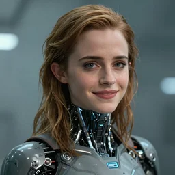 scifi emma watson looks like ghost in the shell, extremely high detail, high detailed face, smiling woman, cyborg, photorealism, emma watson, sony a 7 r