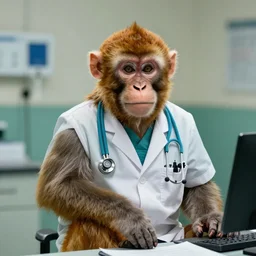 a monkey dressed as a doctor at a hospital.