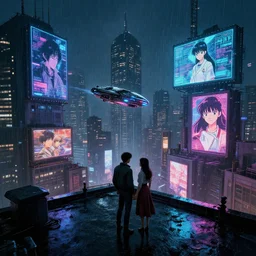a cyberpunk City with billboards, Hologramm and signs in a rainy night, Skyline view from a rooftop, rooftop romantic, flying scifi vehicle, the fifth Element, tekkon kinkreet, akira, rendered by simon stålenhag, rendered by Beeple, Makoto Shinkai, syd meade, environment concept, digital art, starwars, raphael lacoste, eddie mendoza, alex ross, concept art, cinematic lighting, , unreal engine, 3 point perspective, WLOP, trending on artstation, low level, 4K UHD image, octane render,