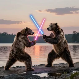 kodiak bears kung - fu fighting with lightsabers on a lakefront, dusk,