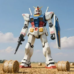 giant gundam stands over field with hay bales by simon stalenhag, sci fi digital painting, unreal engine 5, photorealism, hd quality, 8 k resolution, cinema 4 d, 3 d, cinematic, professional photography, art by artgerm and greg rutkowski and alphonse mucha and loish and wlop