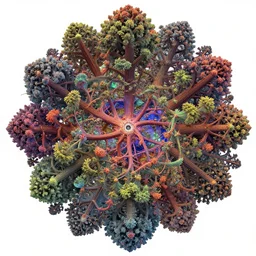 an abstract 3d mandelbrot fractal cascade of an ancient forest, kaleidescopic, vivid color palette, brilliant colors, intricate detail, mirror labyrinth, DMT imagery