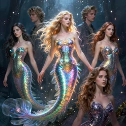 mermaid by james jean, charlie bowater, tom bagshaw, nikolay makovsky, melanie delon : : enchanting, ethereal, magical, glowing, sparkle, prismatic, portrait, character design, illustration, hyperrealism, photorealism, digital art, concept art, dark fantasy, whimsy, weta, wlop, artstation