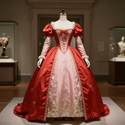 the film still photographed image is a fantasy vintage royal portrait gown from the 1 9 5 0 s. the ensemble is inspired by red pink blush fairy. it is displayed on a mannequin in a royal museum exhibit.