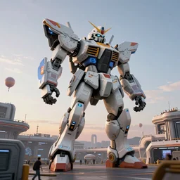 a beautiful hyperrealistic ultradetailed 3 d render of a gigantic mecha guarding a sci - fi spaceport, by jc jongwon park : 3, mech, unreal engine, octane render, gigantic, unreal engine, octane render, 3 d, brilliantly coloured, intricate, ultra wide angle, trending on artstation, dusk, volumetric lighting, hdr, polished, micro details, ray tracing, 8 k : 2, people, sphere, balloon, blurry, blur, depth of field, dof, bokeh, obscured, macro : - 1