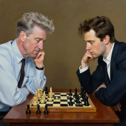 “a painting of David Lynch playing chess with David Byrne”