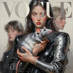3 d, close - up, fashion model holding rat, stars, space, liquid silver metal and black water, vogue cover style, poster art, hyper detail, intricate oil painting, multiple exposure, morning mood, 3 d, by tooth wu and wlop and beeple and greg rutkowski
