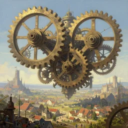 giant gears floating in nothingness, clockwork, giant mechanisms, industry, villages castles, buildings vista artstation illustration sharp focus sunlit vista painted by ruan jia raymond swanland lawrence alma tadema zdzislaw beksinski norman rockwell tom lovell alex malveda greg staples