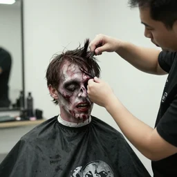 a zombie getting a haircut.