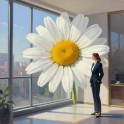 a huge daisy flower head, woman in suit, standing next to modern window in luxury apartment, surreal photography, sunlight, impressionist painting, digital painting, artstation, simon stalenhag
