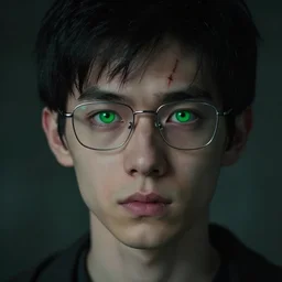 boy, thin face, black hair, bright green eyes, glasses, very thin scar on his forehead. movie still, 8 k, dark mysterious