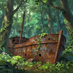 rusty ship wreck in a lush forest, sci-fi, ivy, moss, concept art by Ruan Jia and Makoto Shinkai and Greg Rutkowski and ilya kuvshinov, global illumination