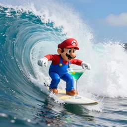 medium shot of mario with a big fancy martini and he surfs inside the tube of a very large wave. the wave is about to collapse. highly detailed