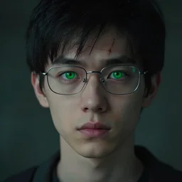 boy, thin face, black hair, bright green eyes, glasses, very thin scar on his forehead. movie still, 8 k, dark dreamy