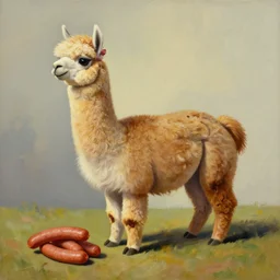 a hyperrealist painting of an alpaca made of sausage, wurst, wiener, that has sausages instead of legs. below the alpaca are sausages. in the style of hopper