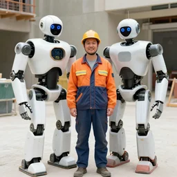 man dressed in construction clothes next to him is a robot